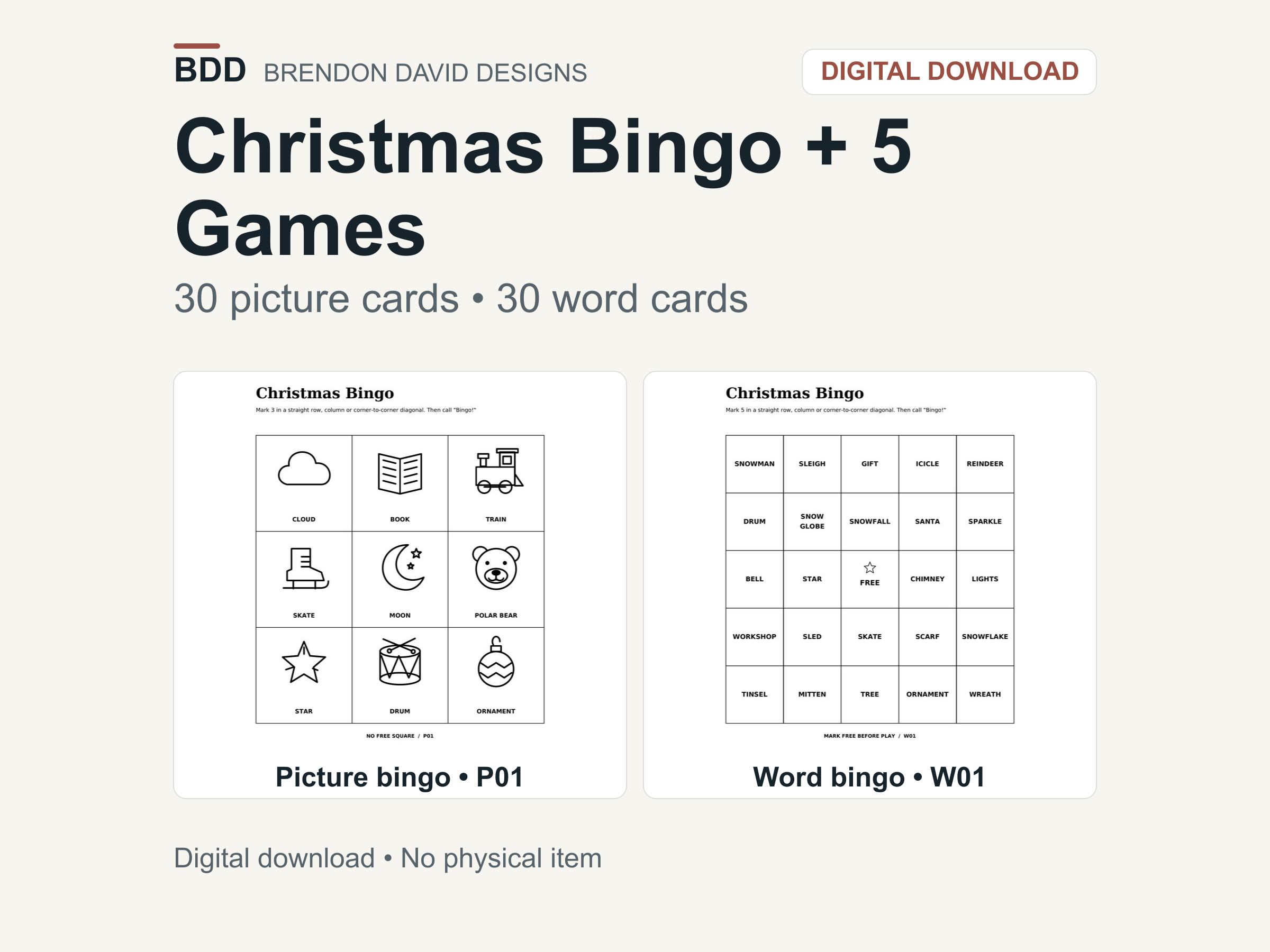 Brendon David Designs Christmas bingo, showing actual picture bingo and word bingo cards.
