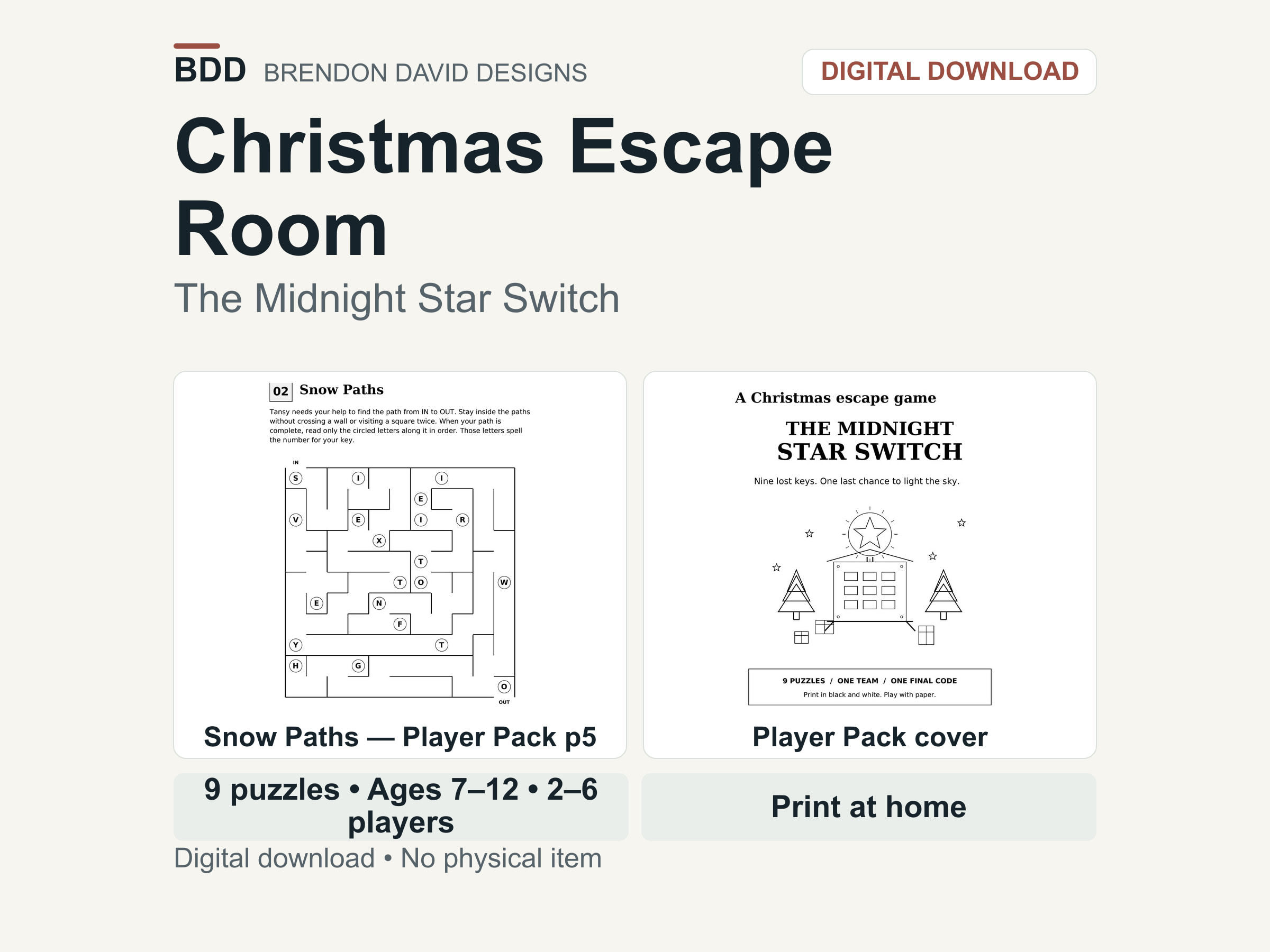Brendon David Designs Christmas escape room, showing the actual Snow Paths maze and The Midnight Star Switch player pack cover.