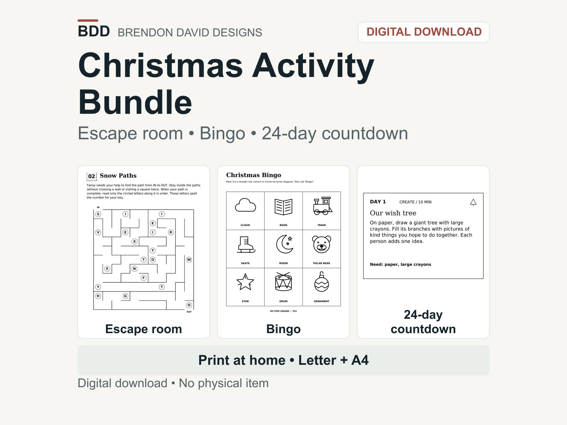 Brendon David Designs Christmas activity bundle, showing actual Snow Paths maze, picture bingo card and day 1 countdown activity.